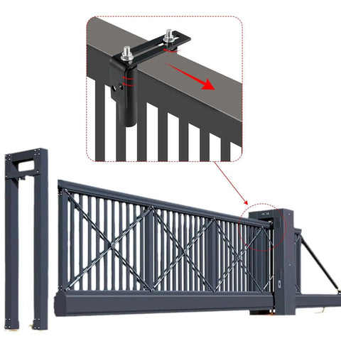 Slide Gate Guide Roller Assembly With Dual Nylon Rollers And L Post Bracket For Heavy Duty Gates And Fences Pack Of 2 UHMW Nylon Wheels On AISI 1045 Steel Bracket With Black Powder Coat For Durability installed on sliding gate.