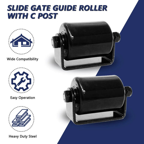 2Pack Slide Gate Guide Roller with C Post Welded Bracket, Hard Nylon Sliding Rolling Gates Guider shown with features