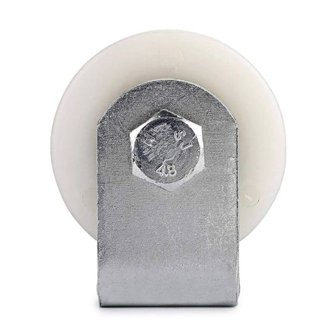 Front view of ✝️ 6" Slide Gate Guide Roller with Post Welded Bracket, UHMW Hard Nylon Sliding Rolling Gates Guider, Heavy Duty Sealed Ball Bearing