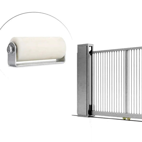 6 Inch Slide Gate Guide Roller With Post Welded Bracket In White, UHMW Hard Nylon Roller With Sealed Ball Bearings on gate