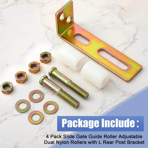Adjustable Slide Gate Guide Roller Kit 4 Pack with Dual Nylon Rollers and L Rear Post Bracket components shown on table