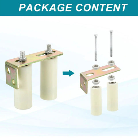 Slide Gate Guide Roller Set 4.7 Inch By 2 Inch With L Shape Brackets Universal Adjustable Heavy Duty Sliding Gate Hardware Kit White For Balcony And Bedroom Use Durable Metal Construction For Long Lasting Performance And Smooth Operation showing package content