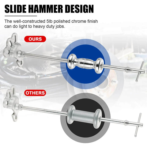 Comparison of heavy duty slide hammer puller set with 9 way axle bearing remover kit, showing two polished chrome designs