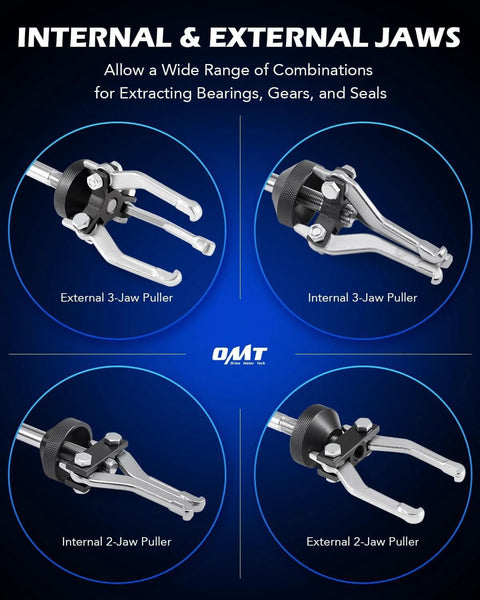 Internal and external jaws of 9-Way Slide Hammer Puller Set showing 3-jaw and 2-jaw pullers for bearing removal.