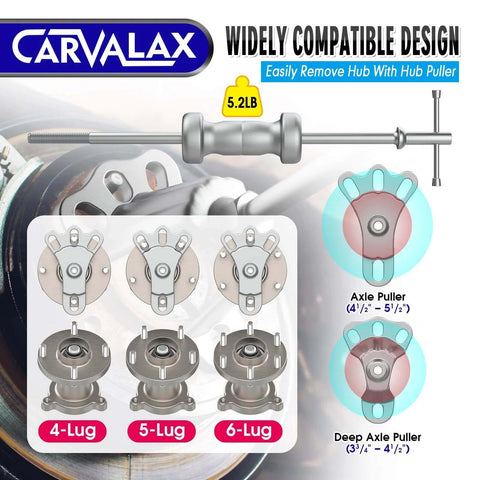 12-Way Slide Hammer Puller Set, Front Wheel Hub Bearing & Rear Wheel Axle Remover Puller Set diagram with 4-lug, 5-lug, 6-lug options