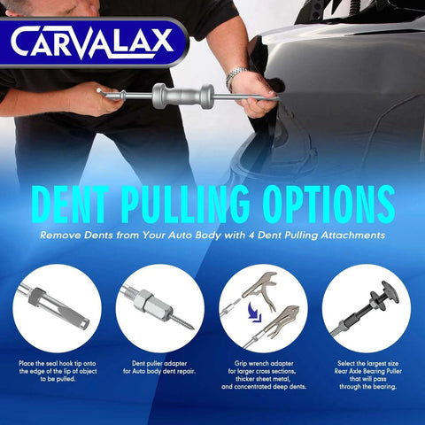 Person using 12-Way Slide Hammer Puller Set on car dent, showing tool attachments, highlighting Front Wheel Hub Bearing & Rear Wheel Axle Remover