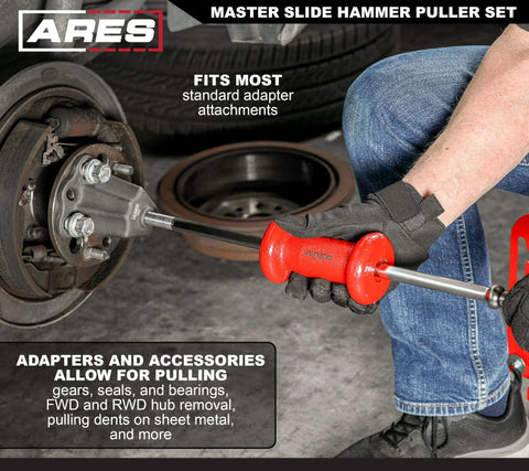 Mechanic using Master Slide Hammer Puller Set – 10-Way Slide Hammer Puller Set Includes 3-Piece Rear Axle Bearing Puller Kit on vehicle wheel