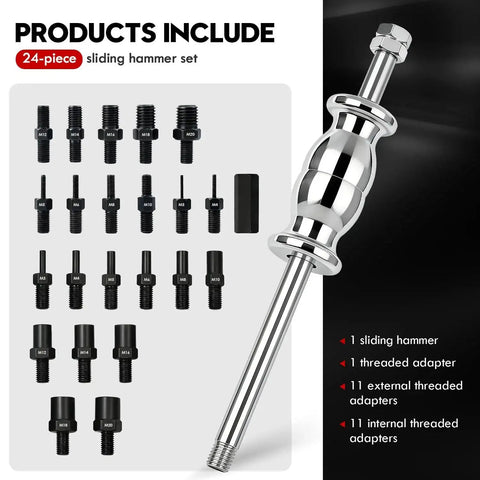 Complete 24 Piece Slide Hammer Set With Dowel Pin Puller Kit Including M3 To M20 Thread Adapters and slide hammer close-up