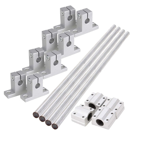 Pack of 10 sliding ball bearings and linear bushings designed for optical axis guides and support bars, metal parts shown