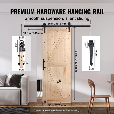 Sliding Barn Door 30 Inch Wide By 84 Inch High With Included Hardware Kit And Handle For Interior Rooms And Storage Closets Waterproof Solid Wood K Frame DIY Stainable Natural Finish Easy Assembly Smooth Sliding Action Durable Construction installed in modern living room, showing detailed measurements and hardware.