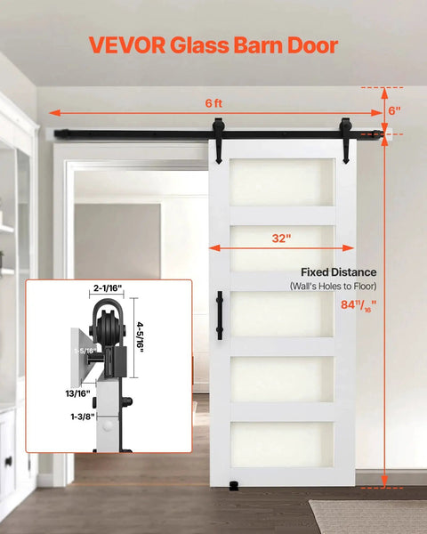 32 By 84 Inch Sliding Barn Door With Header Board And 6 Ft Hardware Track Kit And Handle, installed in doorway