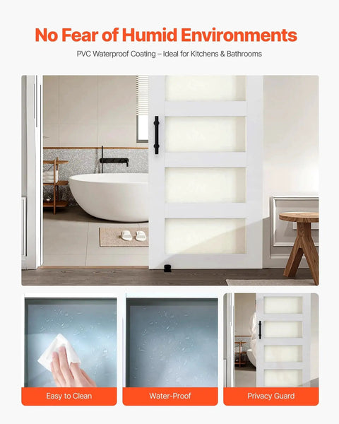 32 By 84 Inch Sliding Barn Door With Header Board And 6 Ft Hardware Track Kit And Handle, Waterproof PVC Surface, shown in a bathroom setting.