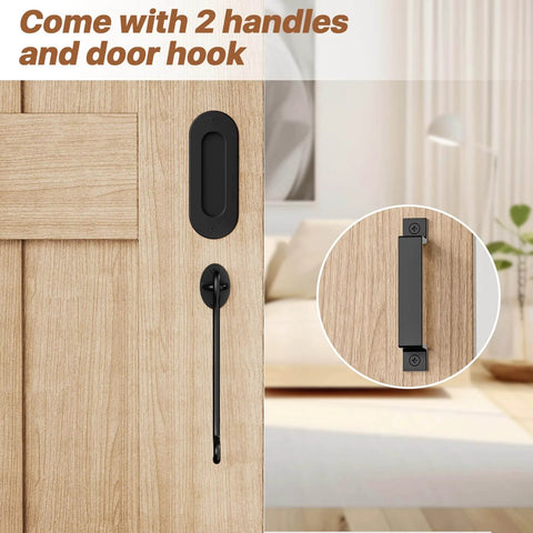 Close-up of 5FT Sliding Barn Door Hardware Kit heavy duty with I shape hanger, showing two handles and door hook in wood finish room.