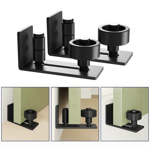 Sliding barn door floor guide with adjustable bottom rollers, solid steel & POM nylon construction, frosted black finish, 2PCS