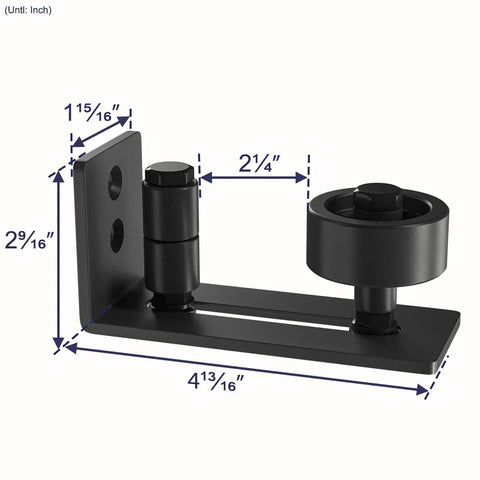 Sliding barn door floor guide with adjustable bottom rollers, solid steel and POM nylon, frosted black finish, measurements shown.