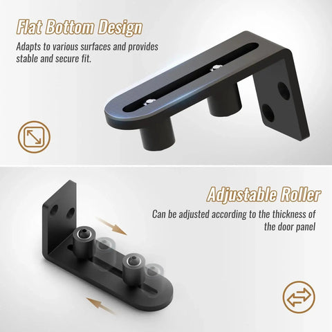 2 Pack Sliding Barn Door Bottom Floor Guides With Wall Mounted Rollers, Ball Bearings, Adjustable Stay Roller, Flat Bottom Design, Durable Black Powder Coated Steel, Rust And Wear Resistant Construction.