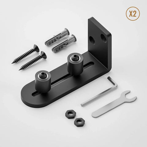 2 Pack Sliding Barn Door Bottom Floor Guides With Wall Mounted Rollers, Ball Bearings, screws, and tools on display