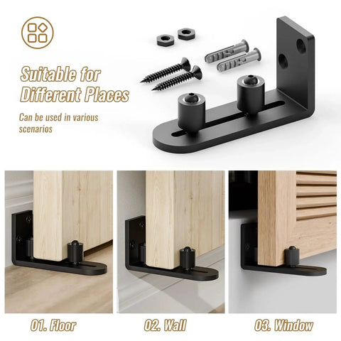 2 Pack Sliding Barn Door Bottom Floor Guides With Wall Mounted Rollers, Black Steel, Installed on Different Surfaces