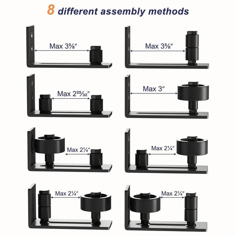 Sliding barn door floor guide with adjustable bottom rollers with 8 setup options in frosted black finish