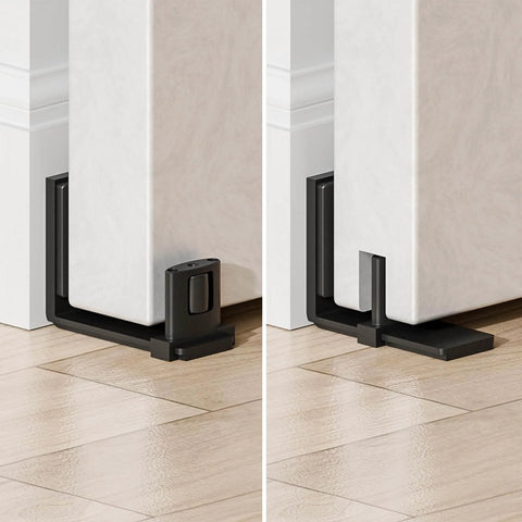 Sliding barn door bottom floor guide with adjustable U shape, flush wall mounted design, black finish, installed on wooden floor.