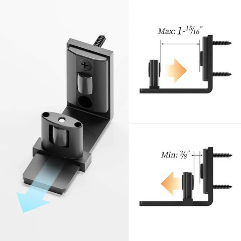 Sliding barn door bottom floor guide with adjustable U shape, flush wall mounted design, dual concealed pulleys, black finish