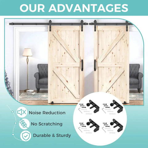 4 Pack Sliding Barn Door Floor Guides With Adjustable Rollers Flush Flat Bottom Design Solid Steel Construction Matte Black Finish Rust Resistant And Durable Hardware For Quiet Smooth Door Operation And Safe Tracking, installed on double wooden doors.