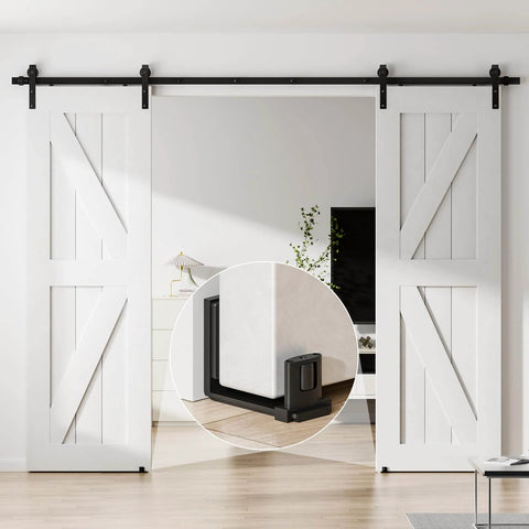 Sliding barn door bottom floor guide with adjustable U shape, black finish, installed on floor with white barn doors, close-up view inset.
