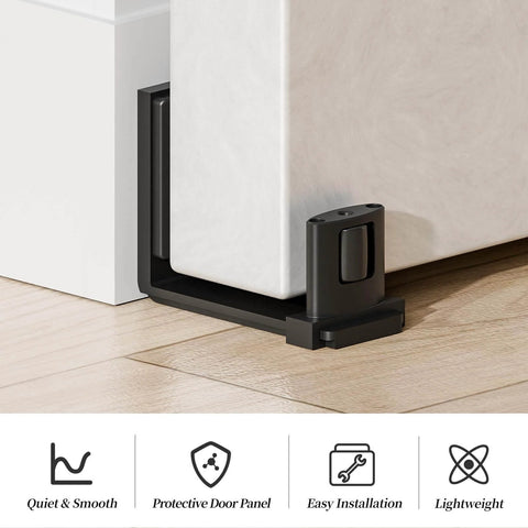 Sliding barn door bottom floor guide with adjustable U shape, black flush wall mounted design, shown installed under a door.