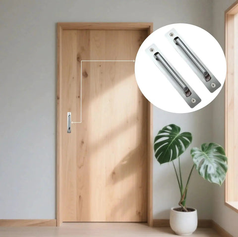 Sliding Barn Door Handle Set 5 Inch Center Hole Aluminum Alloy With Mounting Plate 6 Inch Door Pull Handle installed on wooden door