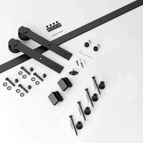 5.5ft Barn Door Hardware Kit with I shape hanger, heavy duty sliding door track, carbon steel, components laid out on white surface
