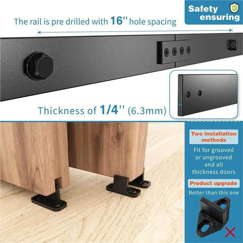 Close-up of 6FT Single Track Bypass Sliding Barn Door Hardware Kit for Double Doors, showing track thickness and safety features.