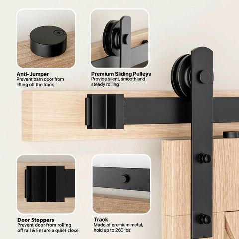 Close-up of 5FT Sliding Barn Door Hardware Kit Heavy Duty with I Shape Hanger features like anti-jumper, premium pulleys, and door stoppers.