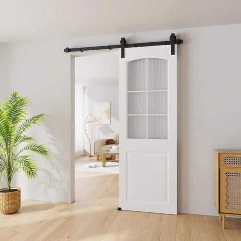 Interior view with installed 5FT Sliding Barn Door Hardware Kit for Single Doors up to 30 Inch using heavy duty carbon steel track.