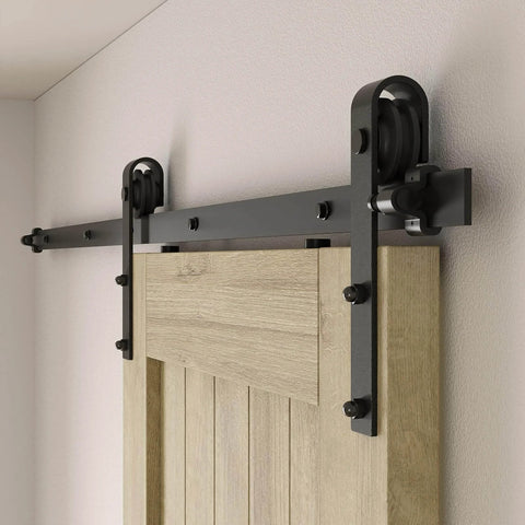 6FT 72 inch Sliding Barn Door Hardware Kit for single door, carbon steel black track system, installed above wooden door