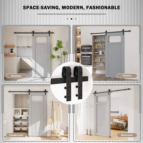 6.6FT Sliding Barn Door Hardware Kit for Single Doors up to 40 Inch shown installed in kitchen, pantry, cloakroom, and bedroom.