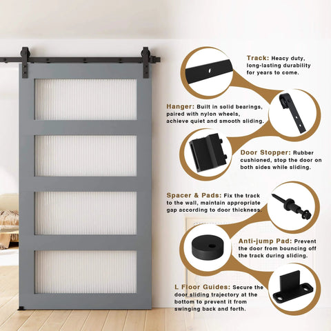 7.5FT Sliding Barn Door Hardware Kit for Single Doors up to 45 Inch, featuring heavy duty carbon steel track and nylon rollers