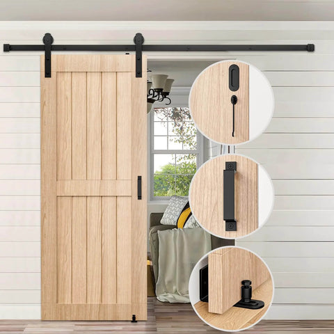 6.6 FT Sliding Barn Door Hardware Kit with I Shape hanger, black steel track fits 36 to 40 inch doors, installed with accessories