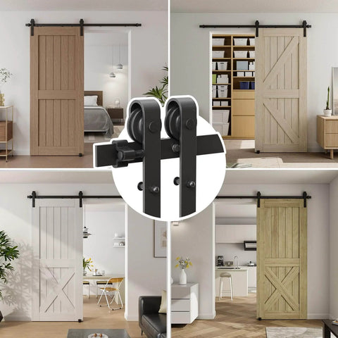 6FT 72 inch Sliding Barn Door Hardware Kit for single door, carbon steel black track system, shown in various installed settings.