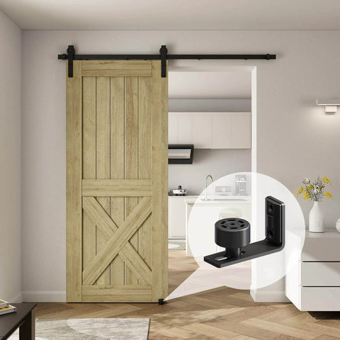 Installed 6FT 72 inch Sliding Barn Door Hardware Kit for single door, featuring black track system and adjustable floor guide
