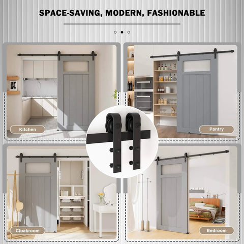 6.8FT Sliding Barn Door Hardware Kit with Upgraded Packaging for Single Doors up to 41 Inch shown in kitchen, pantry, cloakroom, bedroom settings