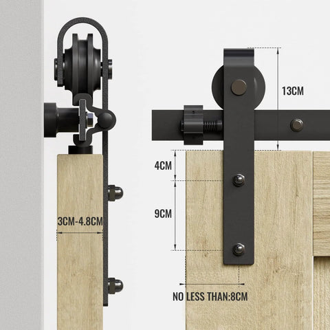 Close-up of the 6FT 72 inch Sliding Barn Door Hardware Kit for single door, highlighting the carbon steel black track system and smooth rollers.
