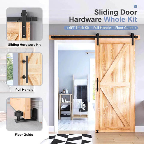 6.7 FT Sliding Barn Door Hardware Kit and Handle Door Hardware Kit, installed on a wooden door with J Pulley and floor guide