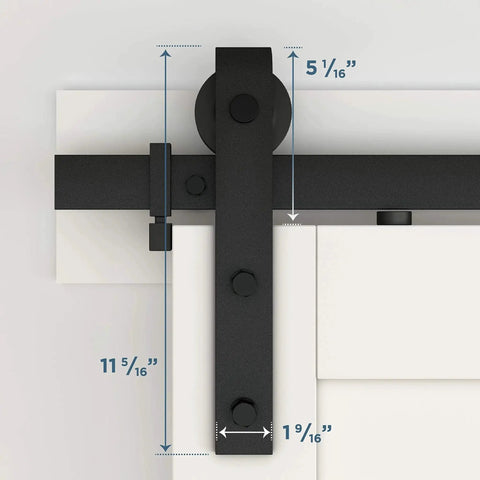 Interior Sliding Barn Door Kit Matte Black Two Piece Track System 72 Inch Rail Installed Close-up View