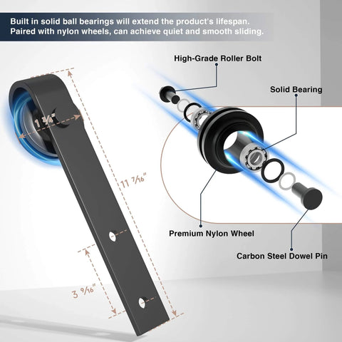 Exploded view of heavy duty carbon steel track with smooth nylon rollers for 6.8FT Sliding Barn Door Hardware Kit with Upgraded Packaging