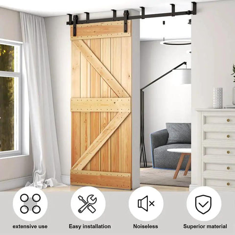 Five Foot Ceiling Mounted Sliding Barn Door Hardware Kit For Wooden Doors, installed in living room, with 60 Inch Rail.