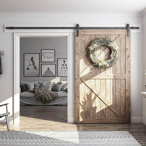 Room with wooden door using 10FT Sliding Barn Door Hardware Kit, Heavy Duty Track-Smoothly and Quietly-Includes Detailed Installation Instruction Fit 60" Wide Door Panel (J Shape Hanger) Black