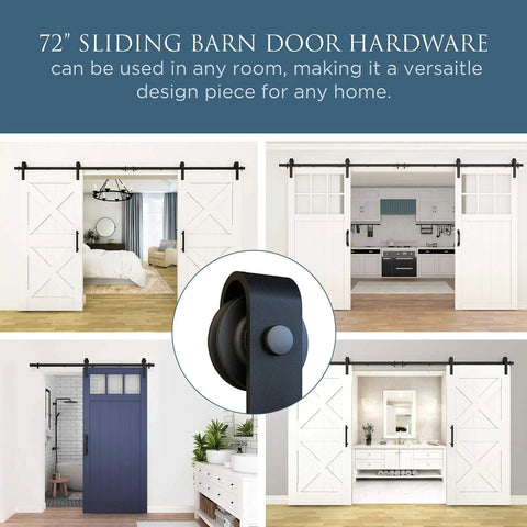 Interior Sliding Barn Door Kit Matte Black Two Piece Track System 72 Inch Rail in various room settings