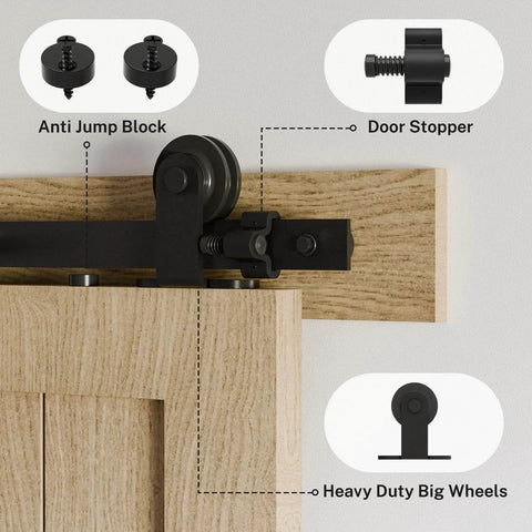 Close-up of 80" Sliding Barn Door Hardware Kit showing anti-jump block, door stopper, and heavy-duty big wheels on wooden door.