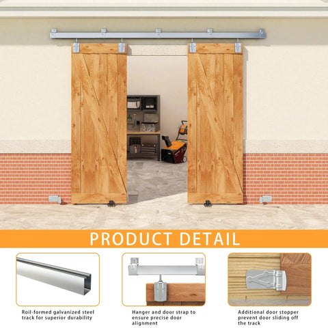 Exterior view of 8Ft Box Rail Exterior Barn Door Hardware Kit For Two Doors With Heavy Duty Sliding Track And Wall Mount Brackets In Silver