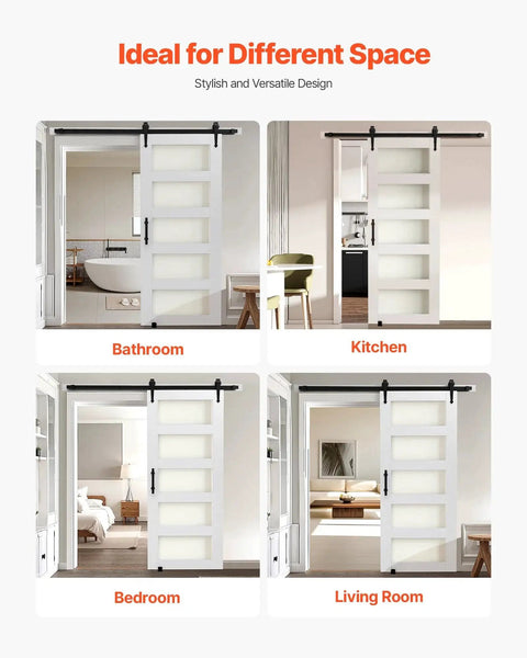32 By 84 Inch Sliding Barn Door With Header Board And 6 Ft Hardware Track Kit And Handle installed in bathroom, kitchen, bedroom, living room